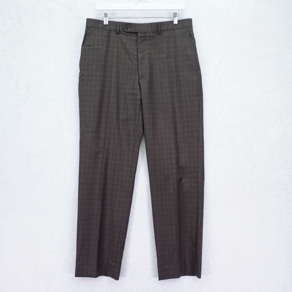 Hart Schaffner Marx Wool Chocolate Brown Plaid Dress Pants Trousers 34 / 31 Mid